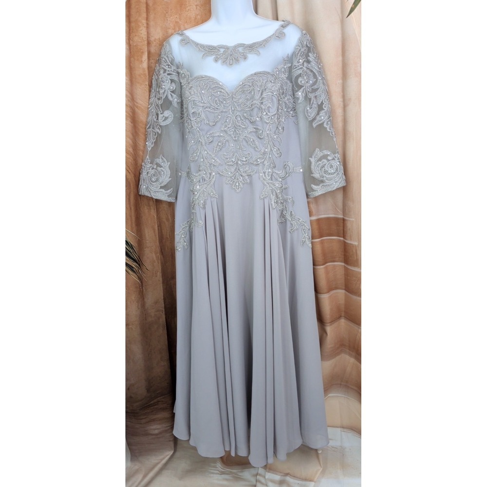 JJ's House Tea Length Embroidered Silver Dress